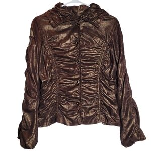 Cartise Metallic Gold Brown Ruched Button Up Lined Top Size 6